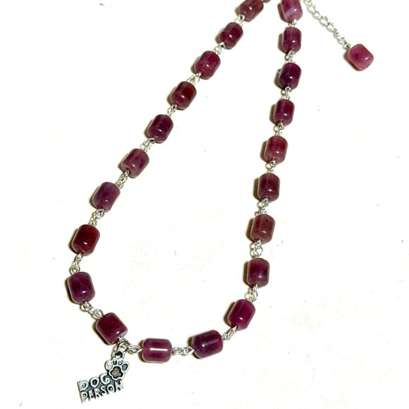 Genuine Magenta Chalcedony Short Necklace, Gemstone & Dog Person Paw Print Charm - Picture 7 of 14